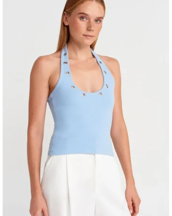 Bluza dama,  crop, halterneck, detaliu din piatra, Albastru deschis, tricot bumbac-elastan