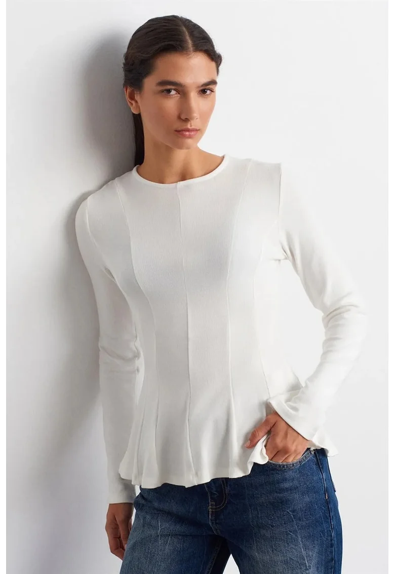 Bluza dama,  Bluza tip Peplum, Alb, tricotata texturata, maneca lunga, casual