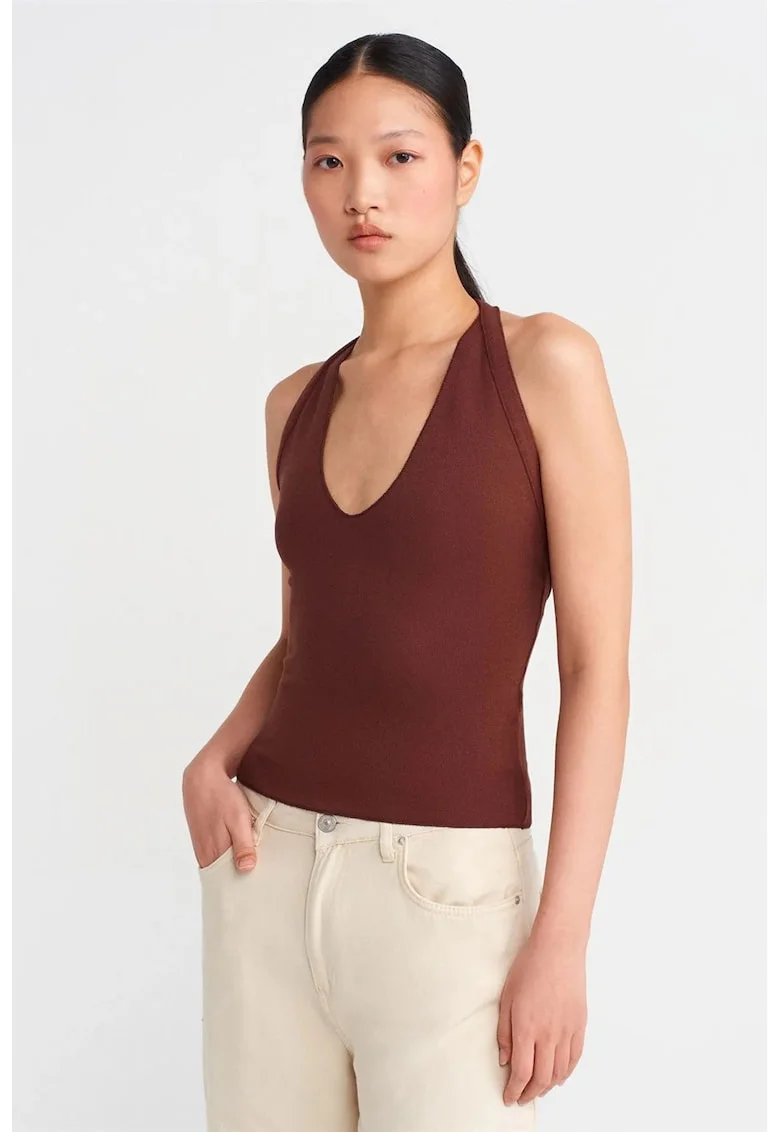 Bluza dama,  Bluza Slim Fit cu guler Halterneck, decupaje, maro castaniu, viscoza