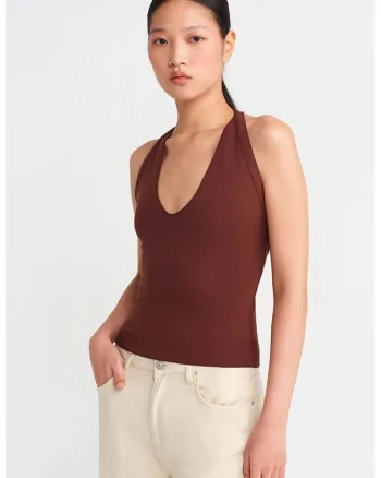 Bluza dama,  Bluza Slim Fit cu guler Halterneck, decupaje, maro castaniu, viscoza