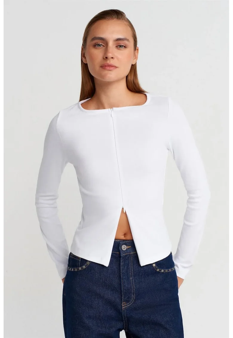 Bluza dama,  Bluza Slim Fit cu fermoar, Alb, bumbac-elastan