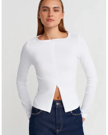 Bluza dama,  Bluza Slim Fit cu fermoar, Alb, bumbac-elastan