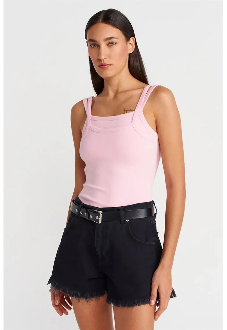 Bluza dama,  cu decolteu patrat, fara maneci, roz pudra, bumbac-elastan