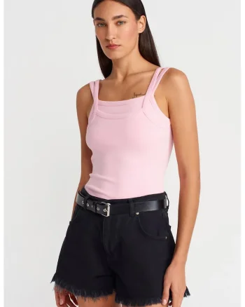 Bluza dama,  cu decolteu patrat, fara maneci, roz pudra, bumbac-elastan