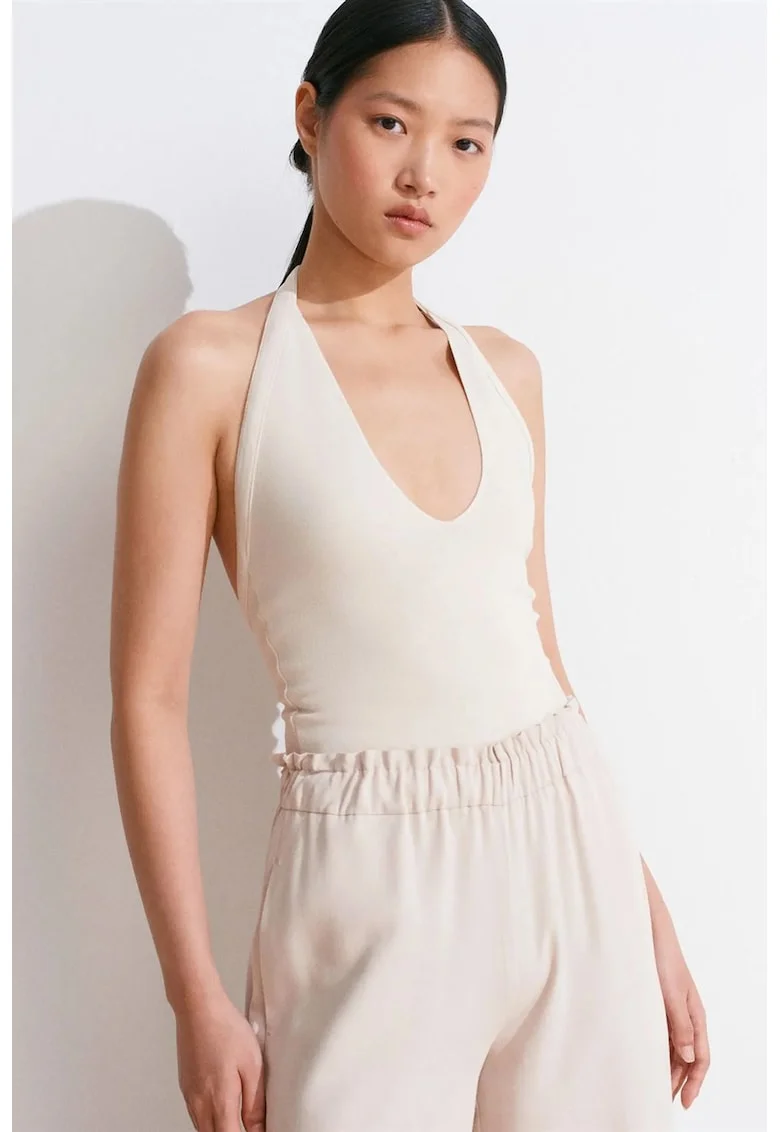 Bluza dama,  Bluza Slim Fit cu guler Halterneck, decupaje, crem natural, viscoza
