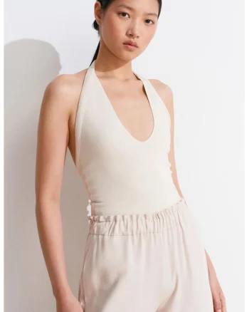 Bluza dama,  Bluza Slim Fit cu guler Halterneck, decupaje, crem natural, viscoza