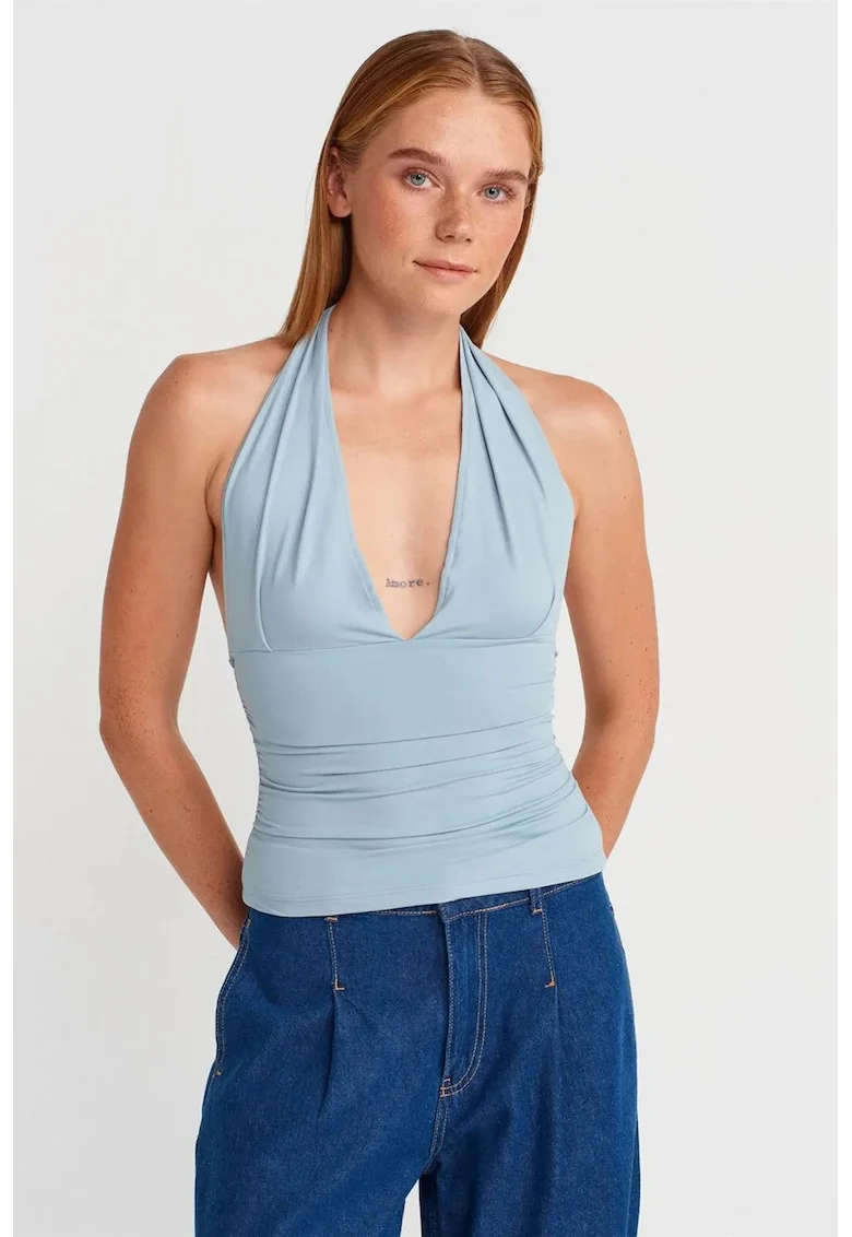 Bluza dama,  Bluza Slim-fit cu guler halter, Drapaj, Albastru deschis, 93% nailon, 7% elastan
