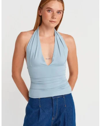 Bluza dama,  Bluza Slim-fit cu guler halter, Drapaj, Albastru deschis, 93% nailon, 7% elastan