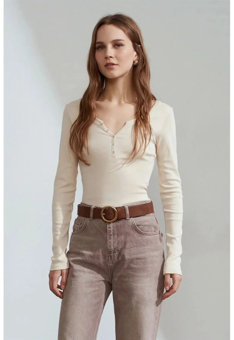 Bluza dama,  Bluza Slim Fit, maneca lunga, crem natural, 100% bumbac