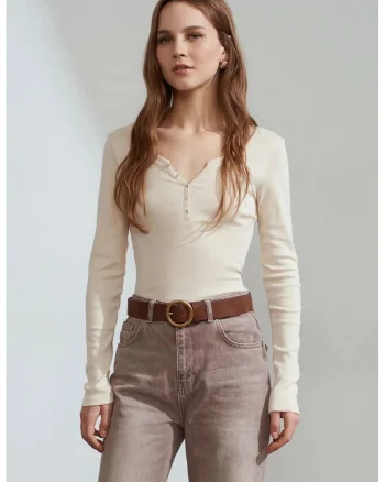 Bluza dama,  Bluza Slim Fit, maneca lunga, crem natural, 100% bumbac
