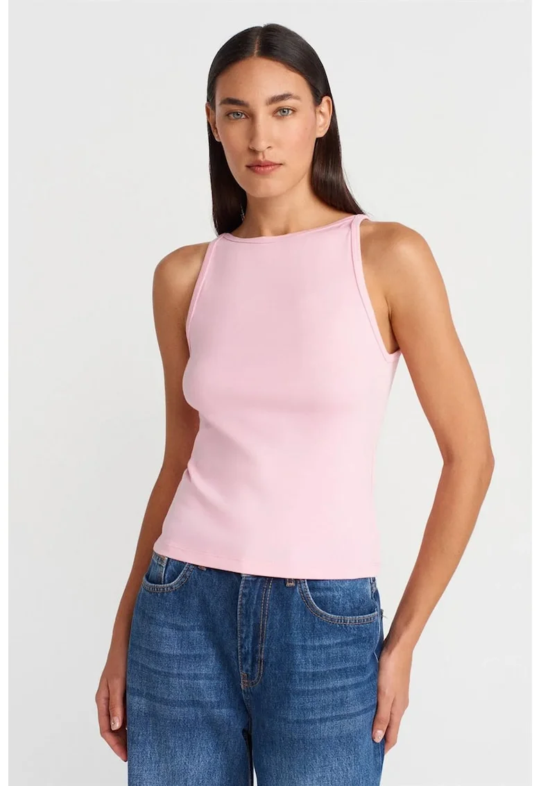 Bluza dama,  Bluza cu guler tip halter, croiala slim, roz pudra, bumbac-modal-elastan