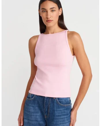 Bluza dama,  Bluza cu guler tip halter, croiala slim, roz pudra, bumbac-modal-elastan