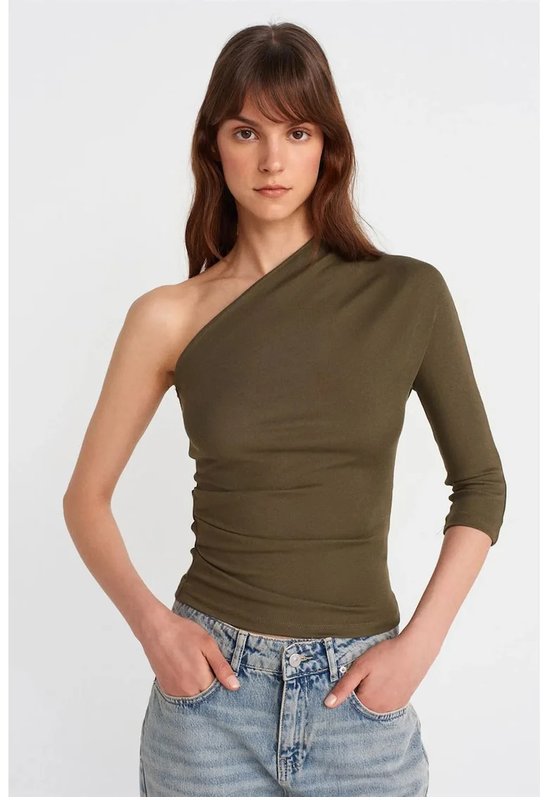 Bluza dama,  cu umeri goi, croiala slim-fit, verde olive, bumbac/modal/elastan