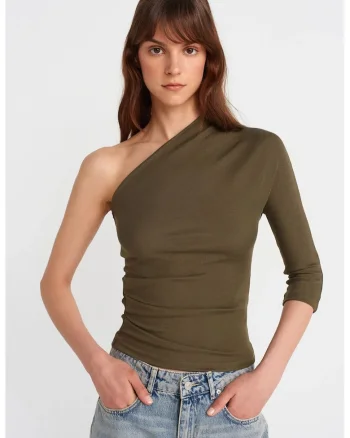 Bluza dama,  cu umeri goi, croiala slim-fit, verde olive, bumbac/modal/elastan