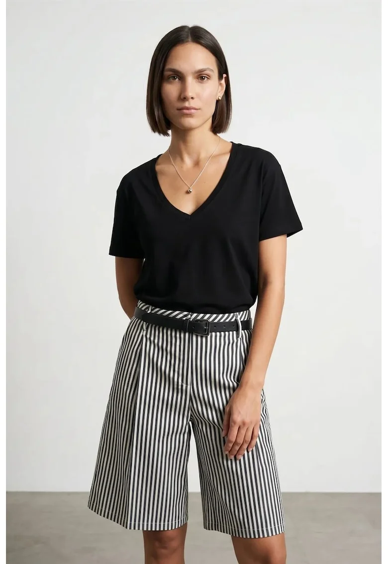 Bluza dama,  bluza din bumbac Tencel, decolteu in V, maneca scurta, negru, casual