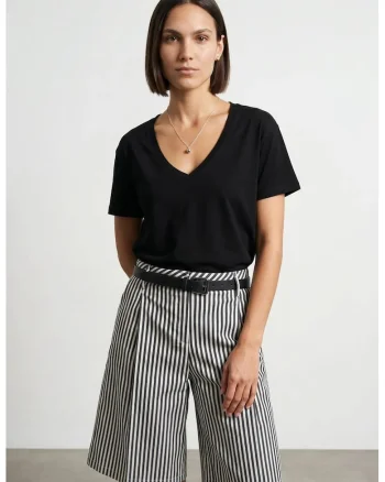 Bluza dama,  bluza din bumbac Tencel, decolteu in V, maneca scurta, negru, casual