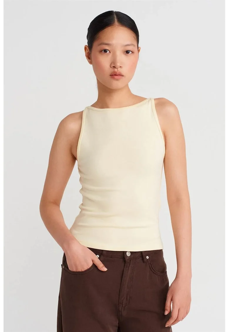 Bluza dama,  bluza cu guler halter, croiala slim, crem natural, bumbac/modal/elastan