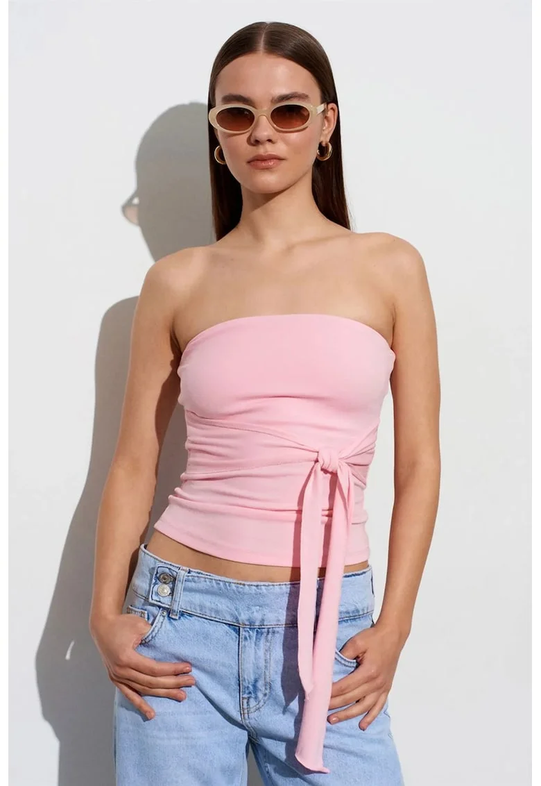 Bluza dama,  bluza fara bretele cu detaliu tip cravata, roz pudra, jerseu
