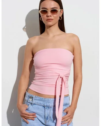 Bluza dama,  bluza fara bretele cu detaliu tip cravata, roz pudra, jerseu