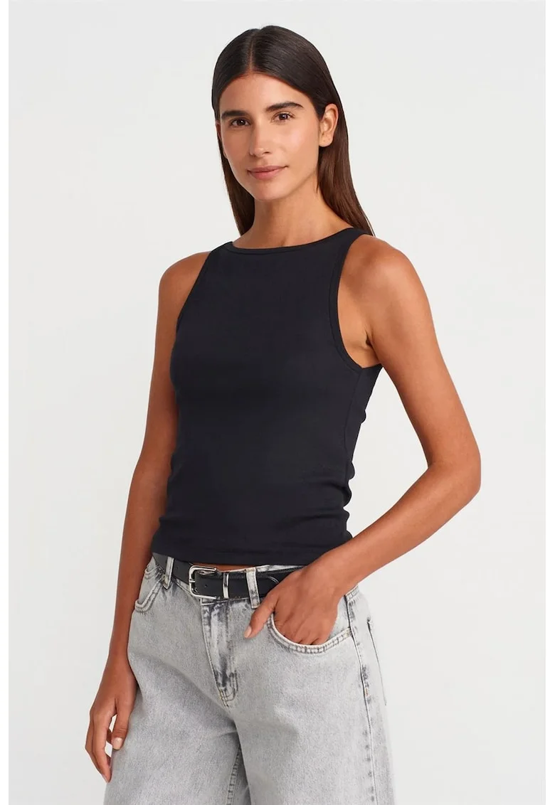 Bluza dama,  slim-fit, negru, tricot subtire cu nervuri