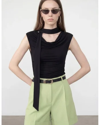 Bluza dama,  bluza fara maneci, drapaj, negru, jerseu