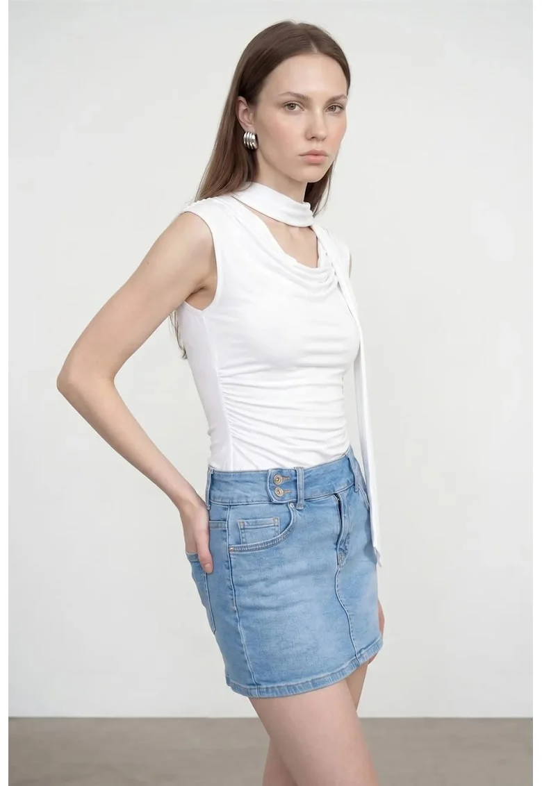 Bluza dama,  bluza din jerseu fara maneci, alb, drapaj, 96% viscoza, 4% elastan