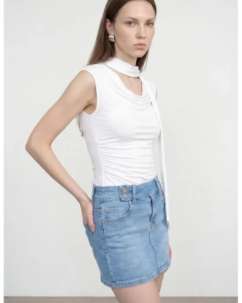 Bluza dama,  bluza din jerseu fara maneci, alb, drapaj, 96% viscoza, 4% elastan