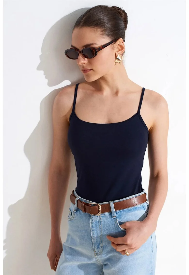 Bluza dama,  fara maneci, croiala slim-fit, albastru marin, 95% bumbac