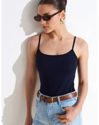 Bluza dama,  fara maneci, croiala slim-fit, albastru marin, 95% bumbac