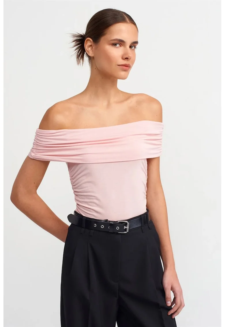Bluza dama,  bluza slim fit cu umeri goi, roz pudra, 92% viscoza, 8% elastan