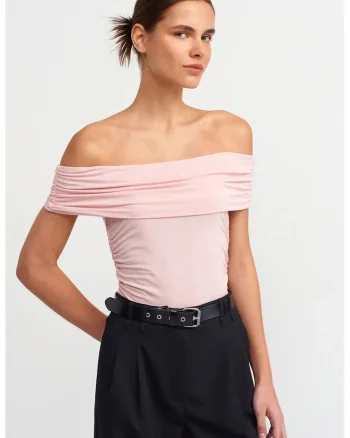 Bluza dama,  bluza slim fit cu umeri goi, roz pudra, 92% viscoza, 8% elastan