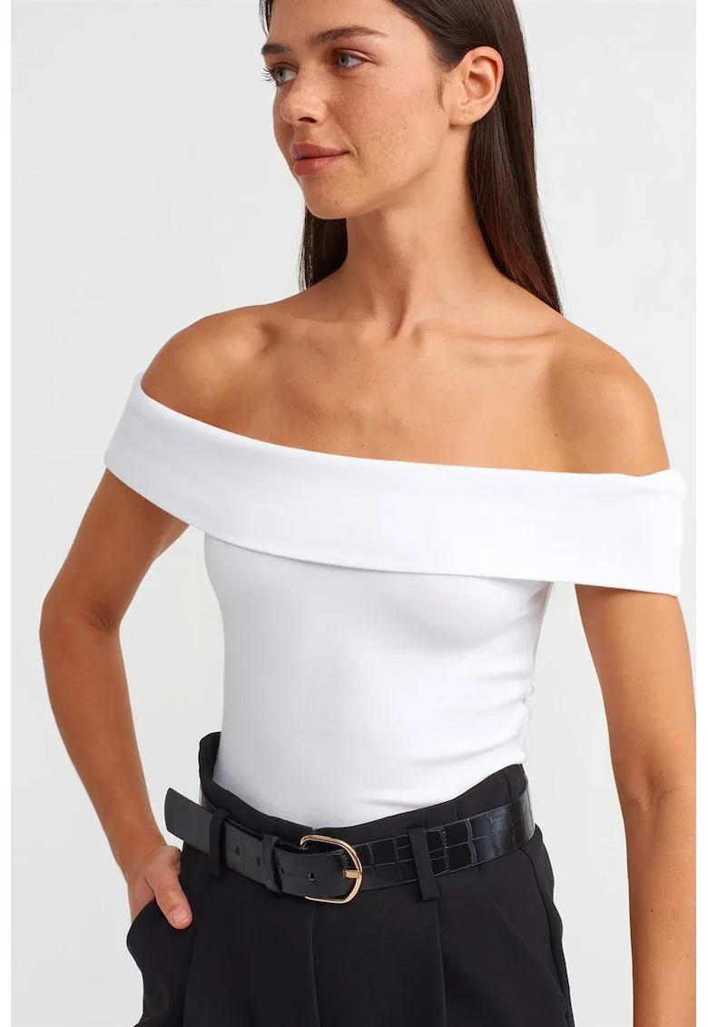 Bluza dama,  bluza slim-fit cu umeri goi, alb, elastic, bumbac/modal/elastan