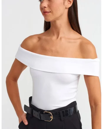Bluza dama,  bluza slim-fit cu umeri goi, alb, elastic, bumbac/modal/elastan