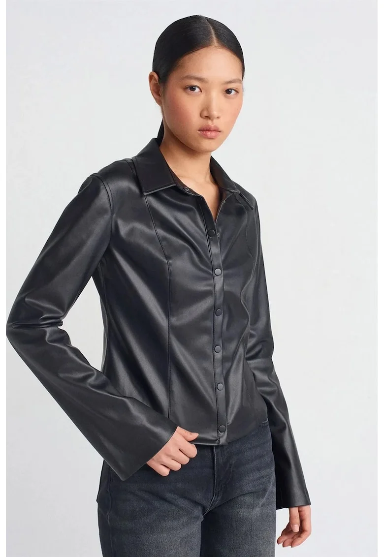 Camasi dama,  camasa slim fit din piele ecologica, negru, eleganta, maneca lunga
