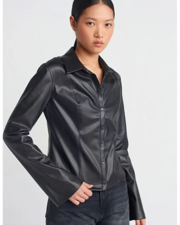 Camasi dama,  camasa slim fit din piele ecologica, negru, eleganta, maneca lunga