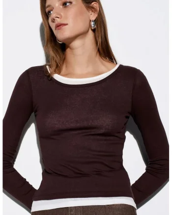Bluza dama,  slim fit, maneci lungi, maro mocha inchis, bumbac