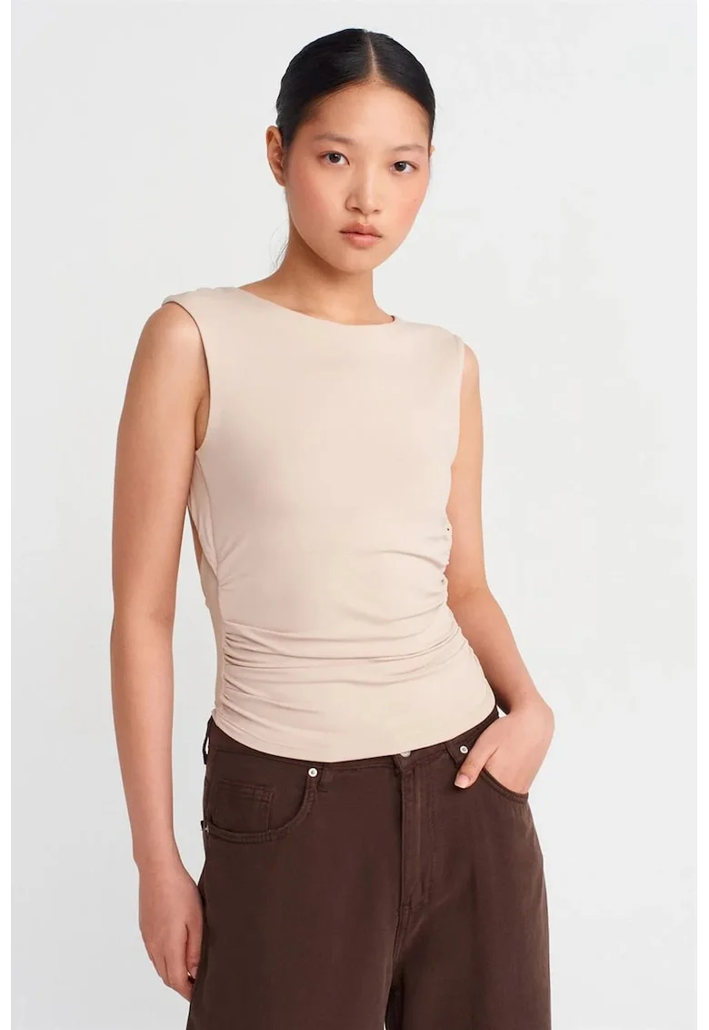 Bluza crop  slim-fit, decupaj, bej natural, tricot subtire