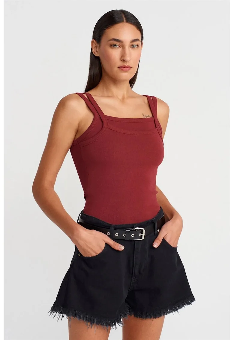 Bluza dama,  fara maneci, guler patrat, rosu burgundy, bumbac elastan