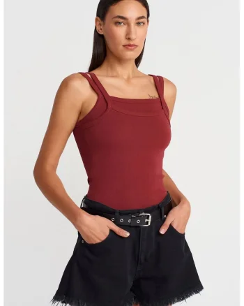 Bluza dama,  fara maneci, guler patrat, rosu burgundy, bumbac elastan