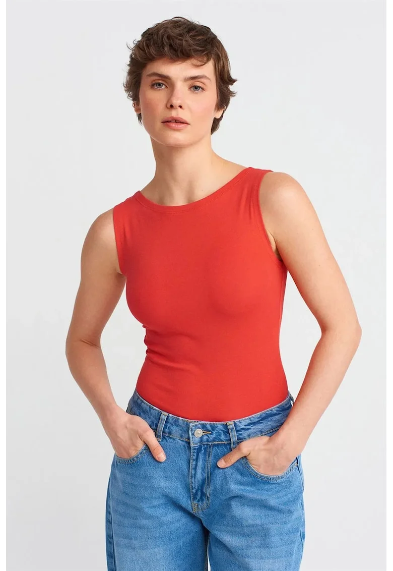 Bluza dama,  bluza fara maneci, slim-fit, rosu, bumbac elastan