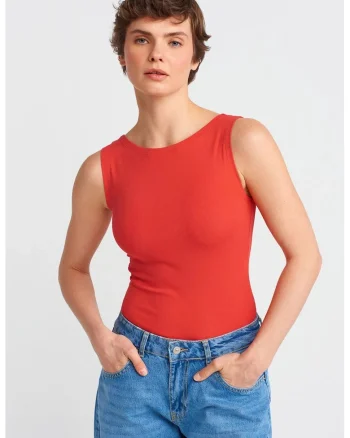 Bluza dama,  bluza fara maneci, slim-fit, rosu, bumbac elastan