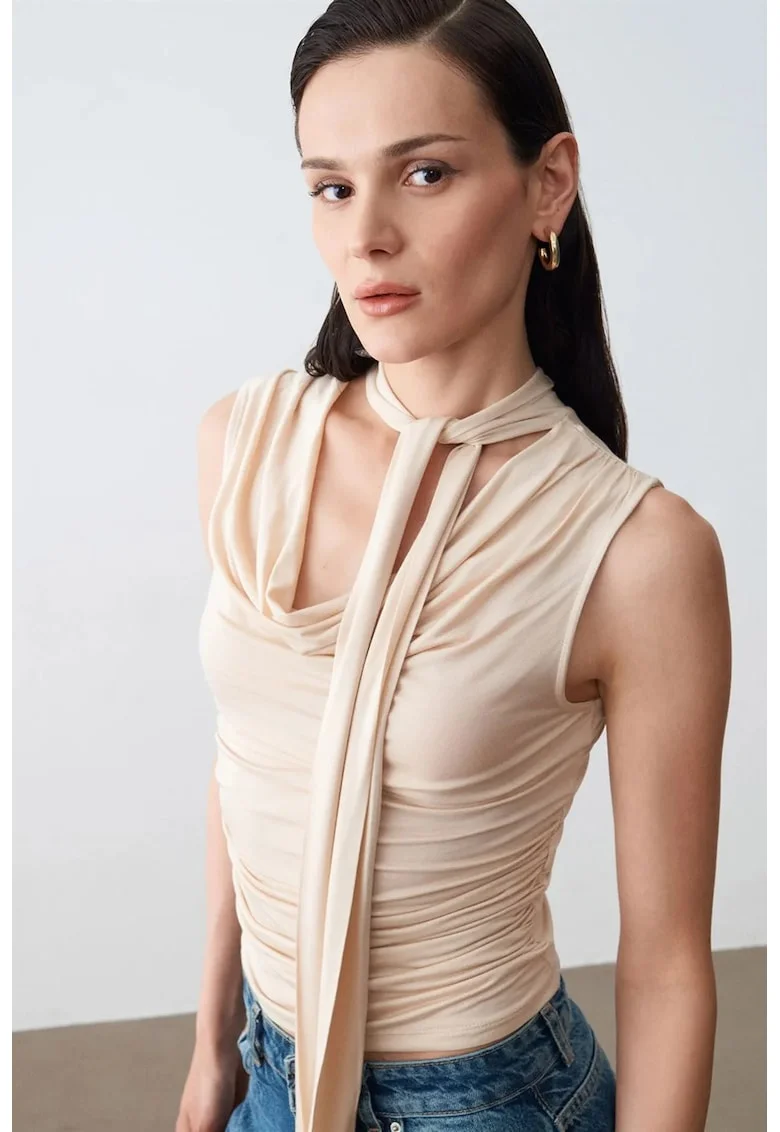 Bluza dama,  bluza fara maneci, drapaj, bej natural, jerseu