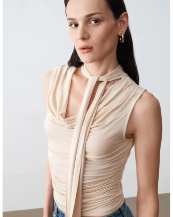Bluza dama,  bluza fara maneci, drapaj, bej natural, jerseu