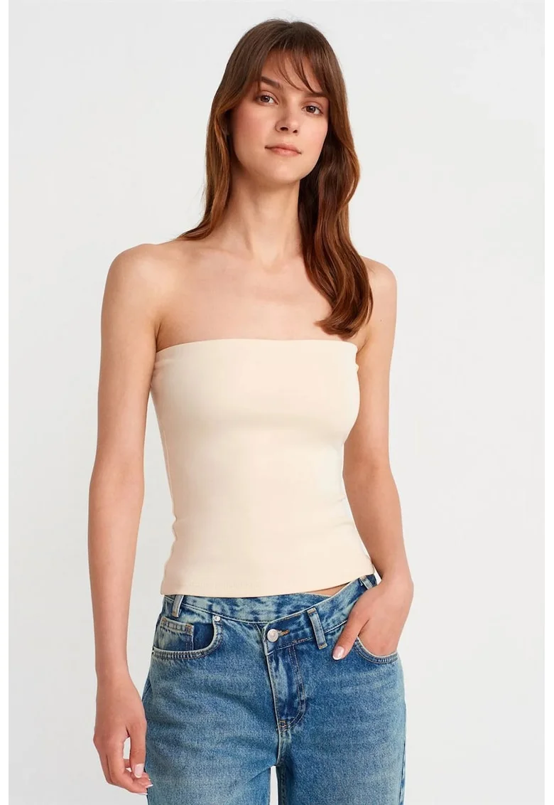 Bluza dama,  tip bandeau, slim-fit, Crem, amestec bumbac-poliester-elastan