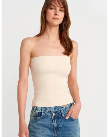 Bluza dama,  tip bandeau, slim-fit, Crem, amestec bumbac-poliester-elastan