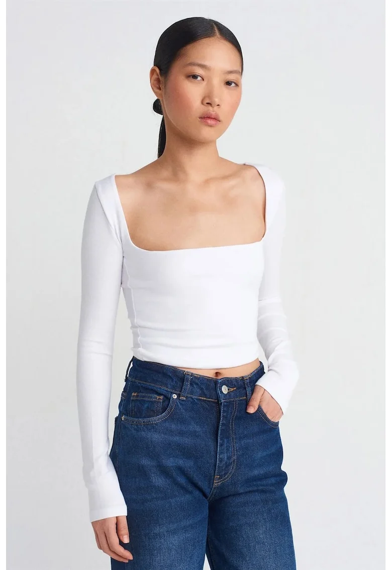 Bluza dama,  bluza scurta cu decupaje, alb, bumbac/modal/elastan