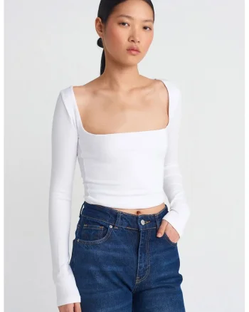 Bluza dama,  bluza scurta cu decupaje, alb, bumbac/modal/elastan
