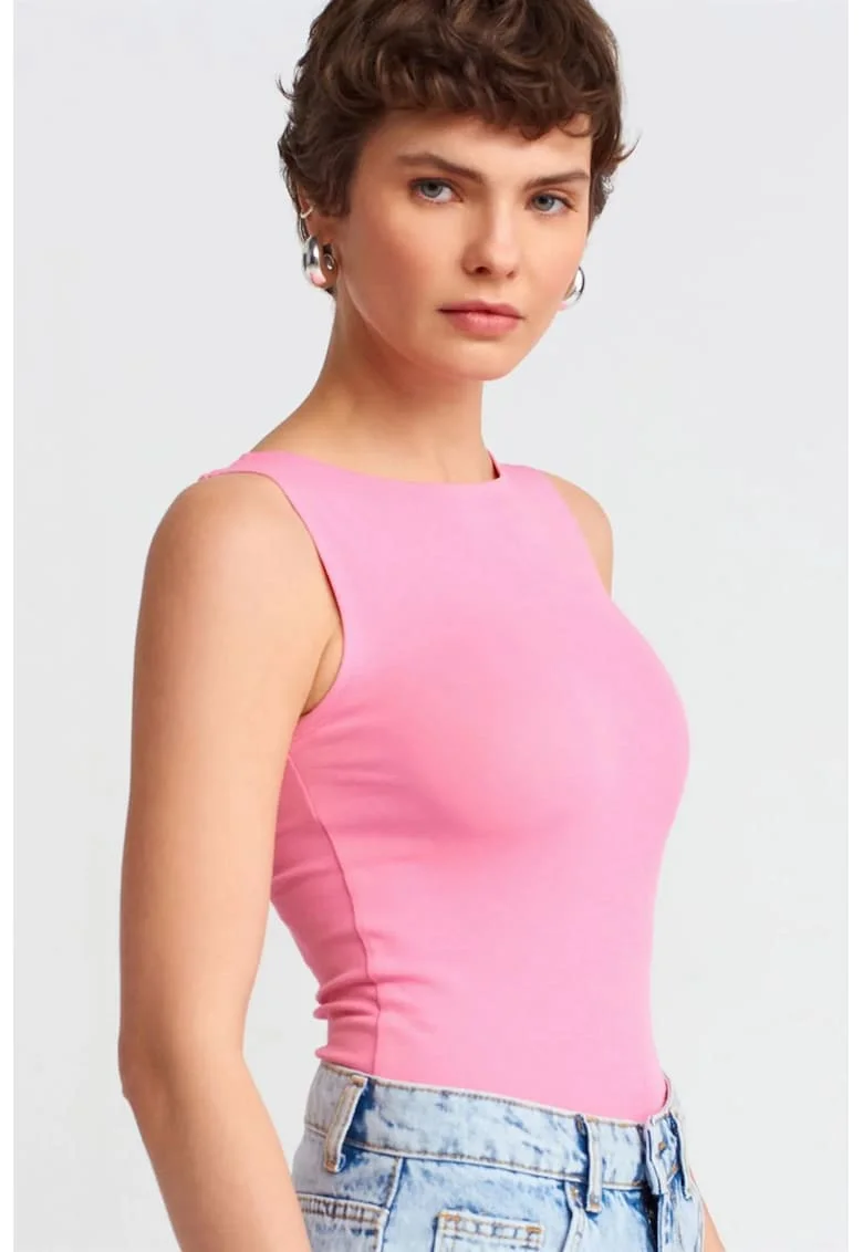 Bluza dama,  bluza fara maneci, croiala slim-fit, roz intens, bumbac-elastan