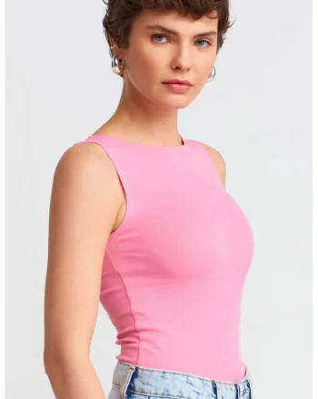 Bluza dama,  bluza fara maneci, croiala slim-fit, roz intens, bumbac-elastan