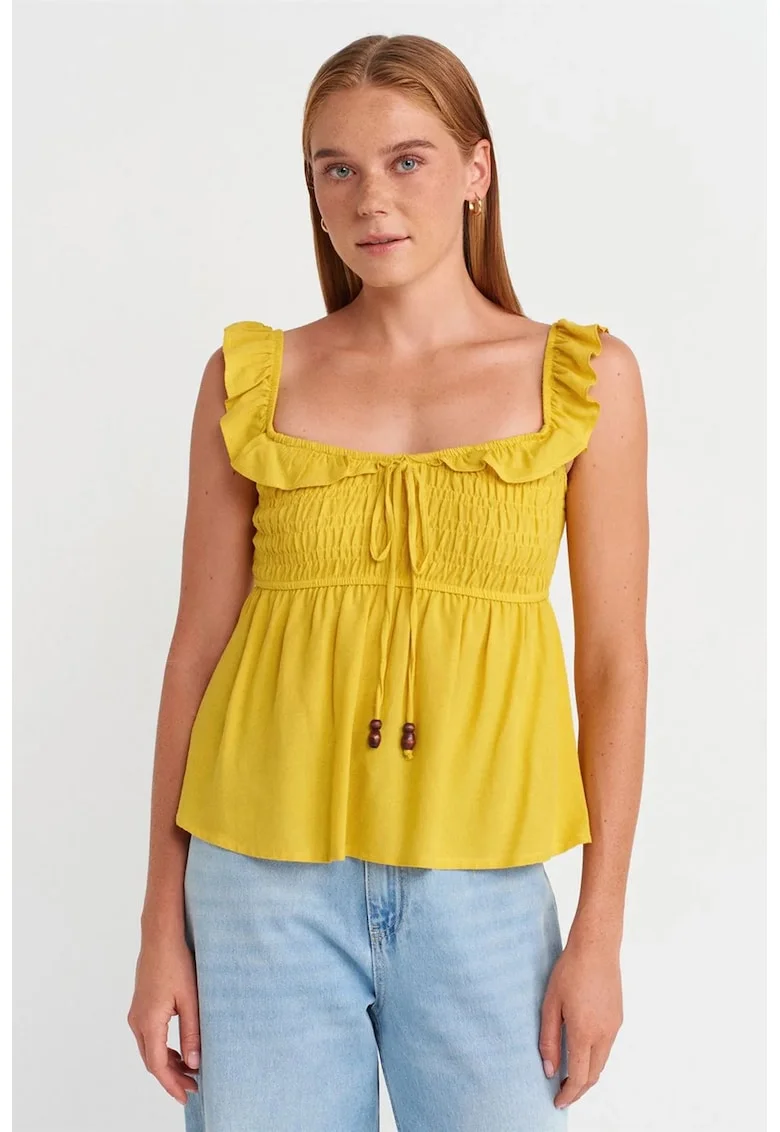 Bluza dama,  fara maneci, volanase, galben lamaie, 70% viscoza, 30% in